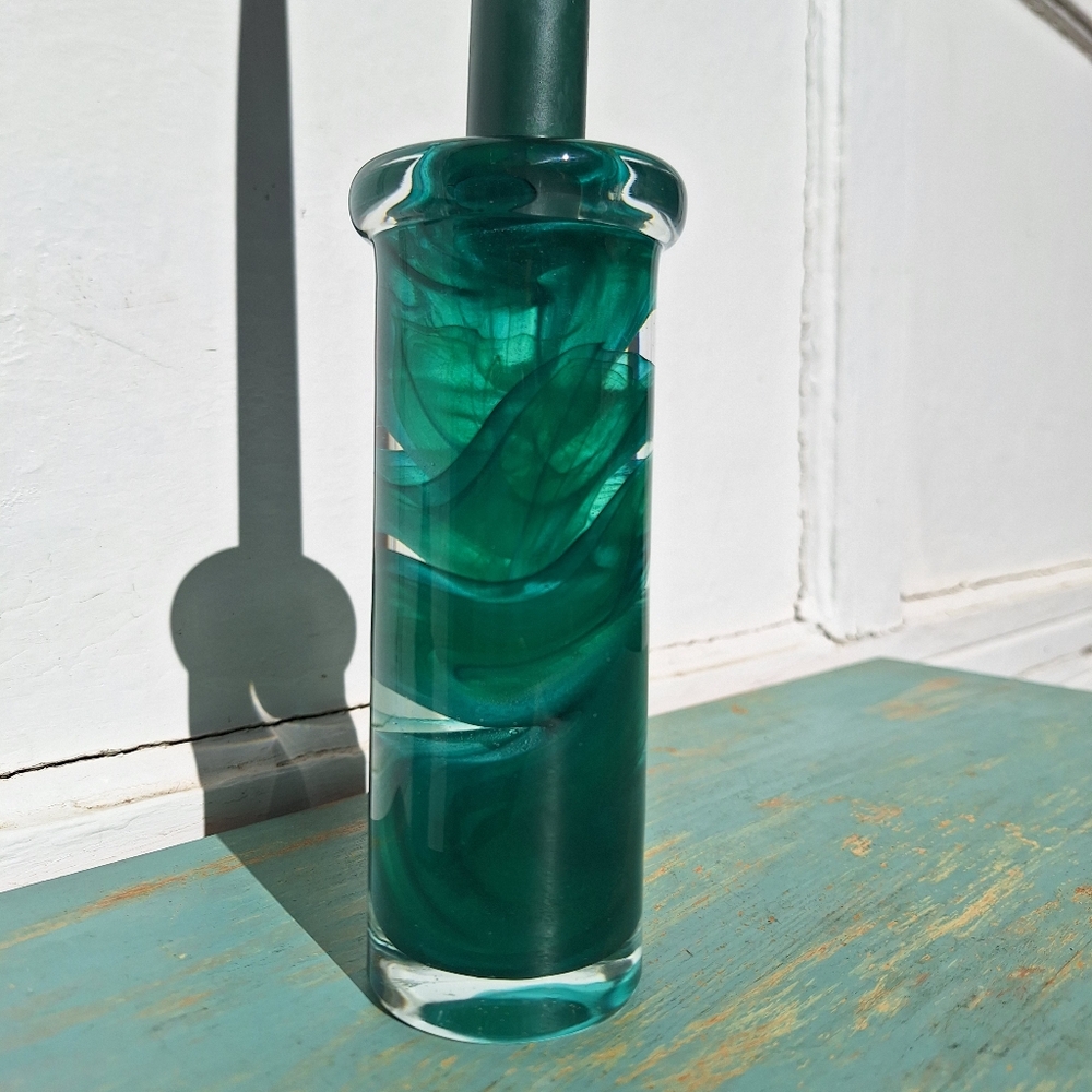 Hand Blown Art Glass Candle Stick Holder Teal Taper Candle artist made in Sweden - Picture 8 of 16
